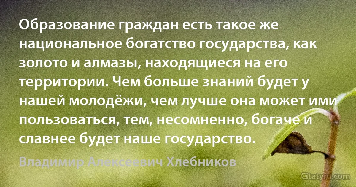 Образование граждан есть такое же национальное богатство государства, как золото и алмазы, находящиеся на его территории. Чем больше знаний будет у нашей молодёжи, чем лучше она может ими пользоваться, тем, несомненно, богаче и славнее будет наше государство. (Владимир Алексеевич Хлебников)