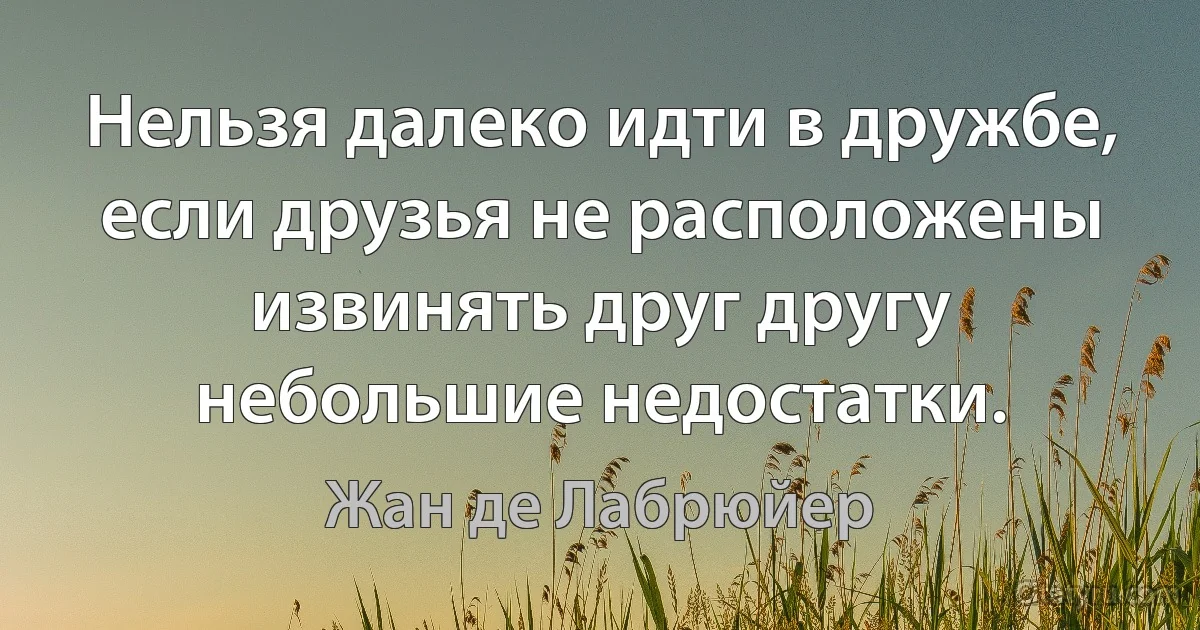 Нельзя далеко идти в дружбе, если друзья не расположены извинять друг другу небольшие недостатки. (Жан де Лабрюйер)