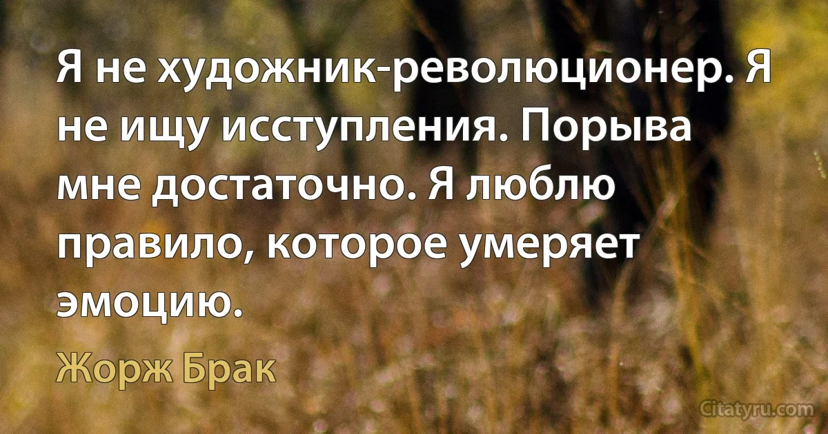 Я не художник-революционер. Я не ищу исступления. Порыва мне достаточно. Я люблю правило, которое умеряет эмоцию. (Жорж Брак)