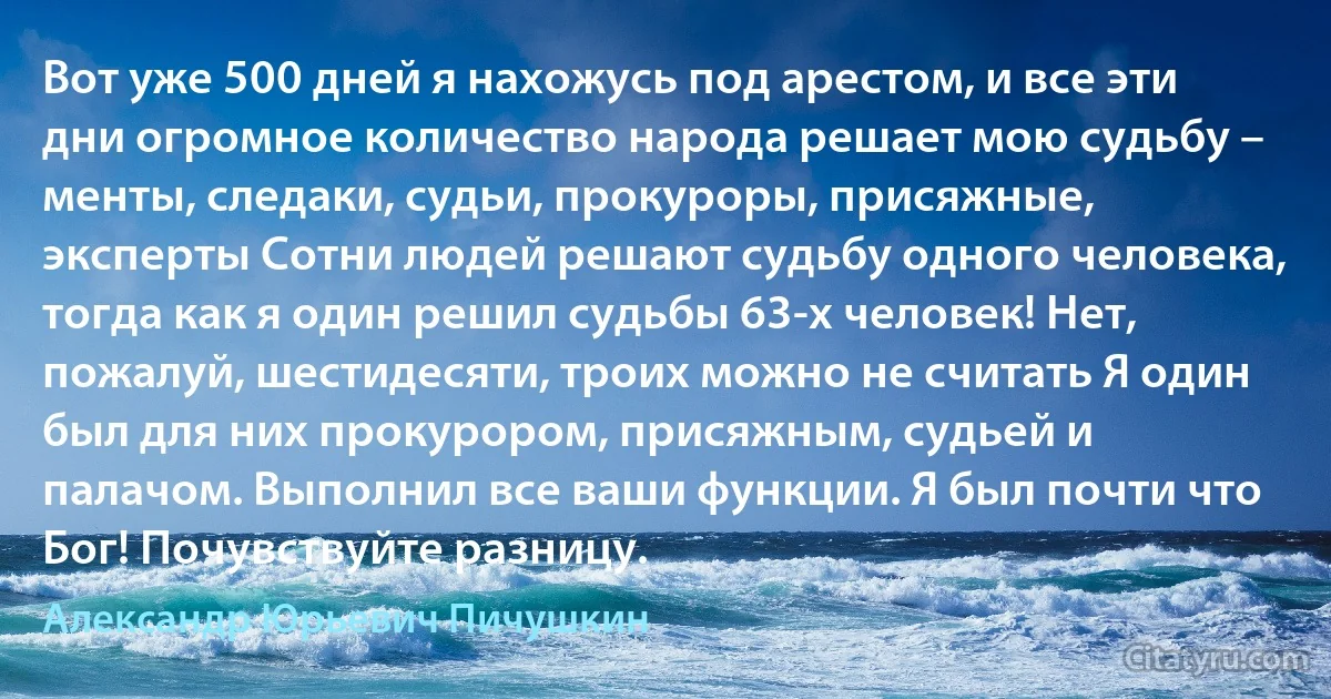 Вот уже 500 дней я нахожусь под арестом, и все эти дни огромное количество народа решает мою судьбу – менты, следаки, судьи, прокуроры, присяжные, эксперты Сотни людей решают судьбу одного человека, тогда как я один решил судьбы 63-х человек! Нет, пожалуй, шестидесяти, троих можно не считать Я один был для них прокурором, присяжным, судьей и палачом. Выполнил все ваши функции. Я был почти что Бог! Почувствуйте разницу. (Александр Юрьевич Пичушкин)