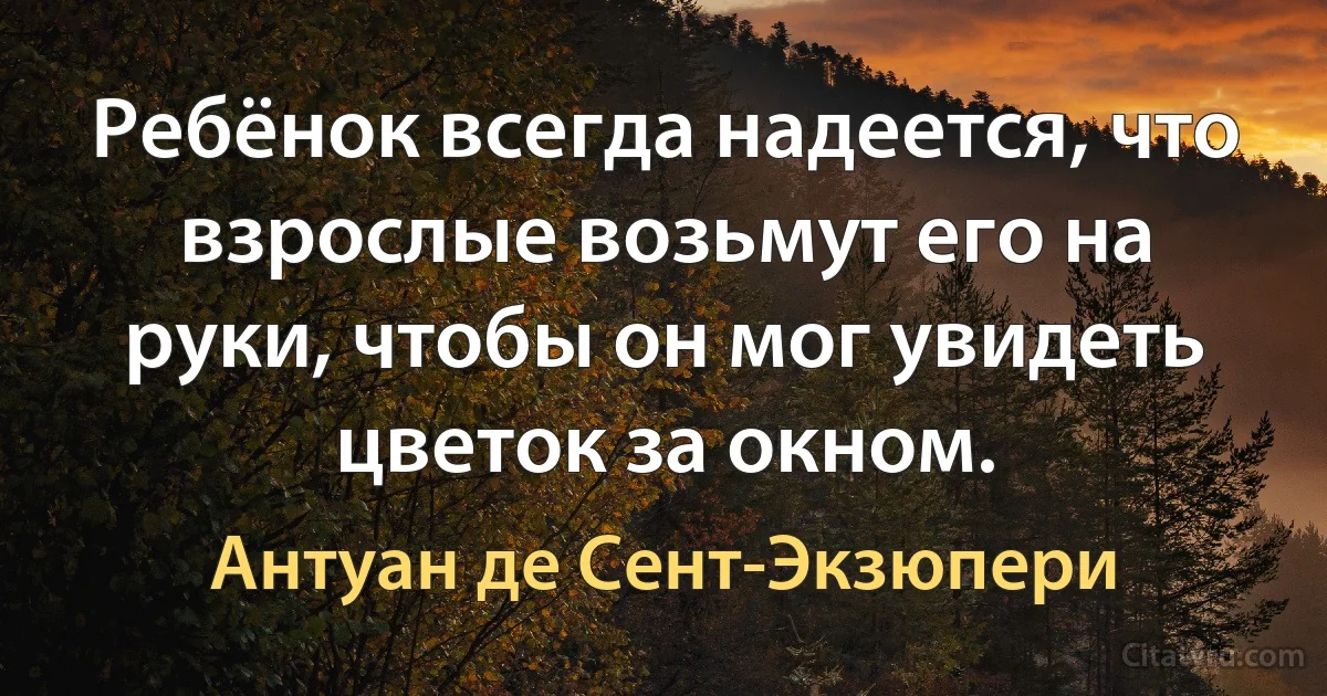 Ребёнок всегда надеется, что взрослые возьмут его на руки, чтобы он мог увидеть цветок за окном. (Антуан де Сент-Экзюпери)