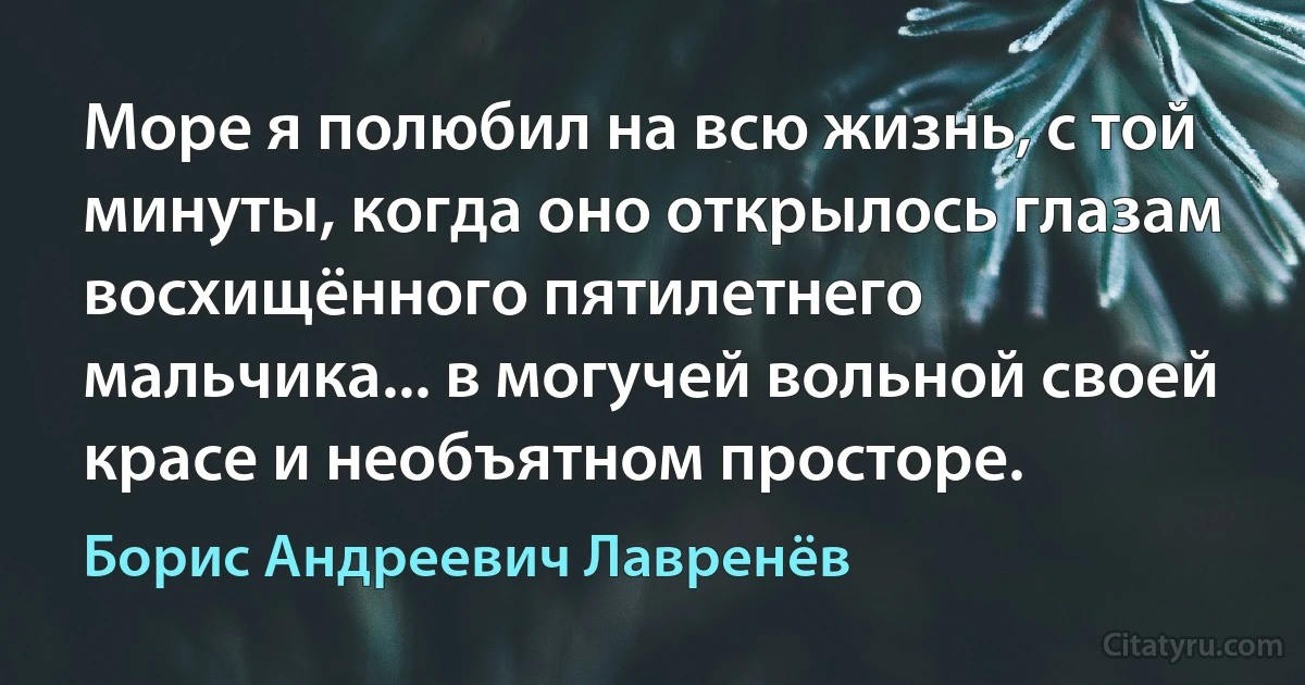 Море я полюбил на всю жизнь, с той минуты, когда оно открылось глазам восхищённого пятилетнего мальчика... в могучей вольной своей красе и необъятном просторе. (Борис Андреевич Лавренёв)