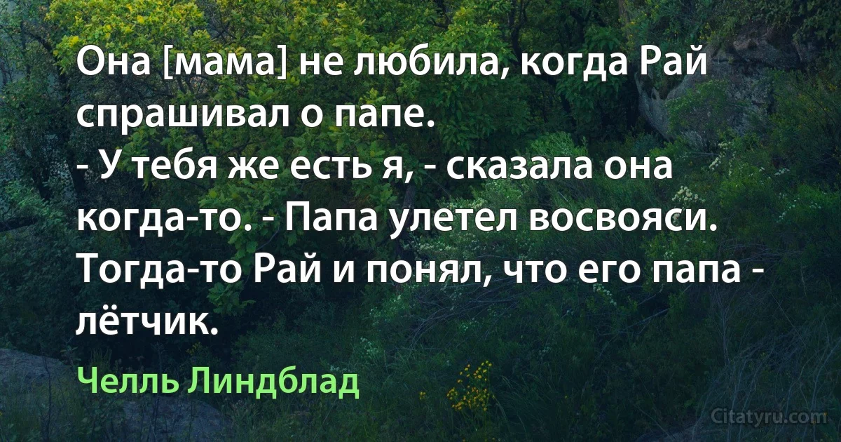 Она [мама] не любила, когда Рай спрашивал о папе.
- У тебя же есть я, - сказала она когда-то. - Папа улетел восвояси.
Тогда-то Рай и понял, что его папа - лётчик. (Челль Линдблад)