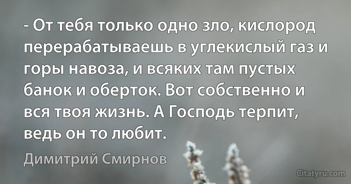 - От тебя только одно зло, кислород перерабатываешь в углекислый газ и горы навоза, и всяких там пустых банок и оберток. Вот собственно и вся твоя жизнь. А Господь терпит, ведь он то любит. (Димитрий Смирнов)