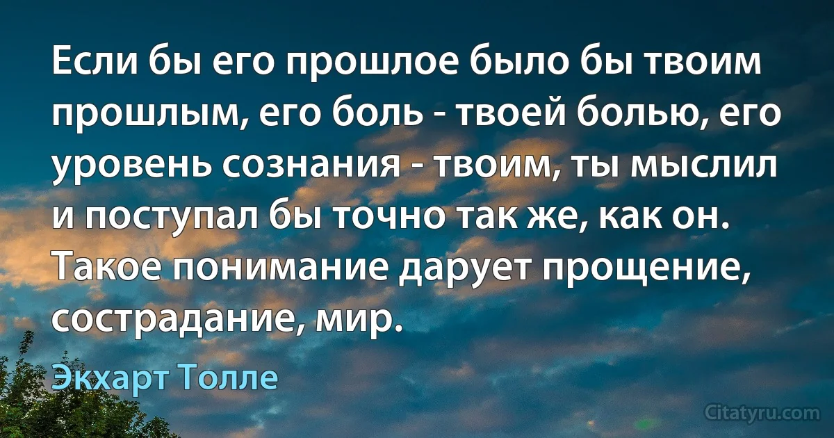 Если бы его прошлое было бы твоим прошлым, его боль - твоей болью, его уровень сознания - твоим, ты мыслил и поступал бы точно так же, как он. Такое понимание дарует прощение, сострадание, мир. (Экхарт Толле)