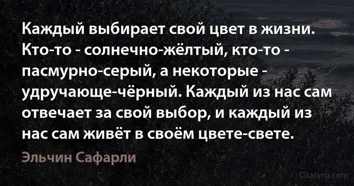 Каждый выбирает свой цвет в жизни. Кто-то - солнечно-жёлтый, кто-то - пасмурно-серый, а некоторые - удручающе-чёрный. Каждый из нас сам отвечает за свой выбор, и каждый из нас сам живёт в своём цвете-свете. (Эльчин Сафарли)