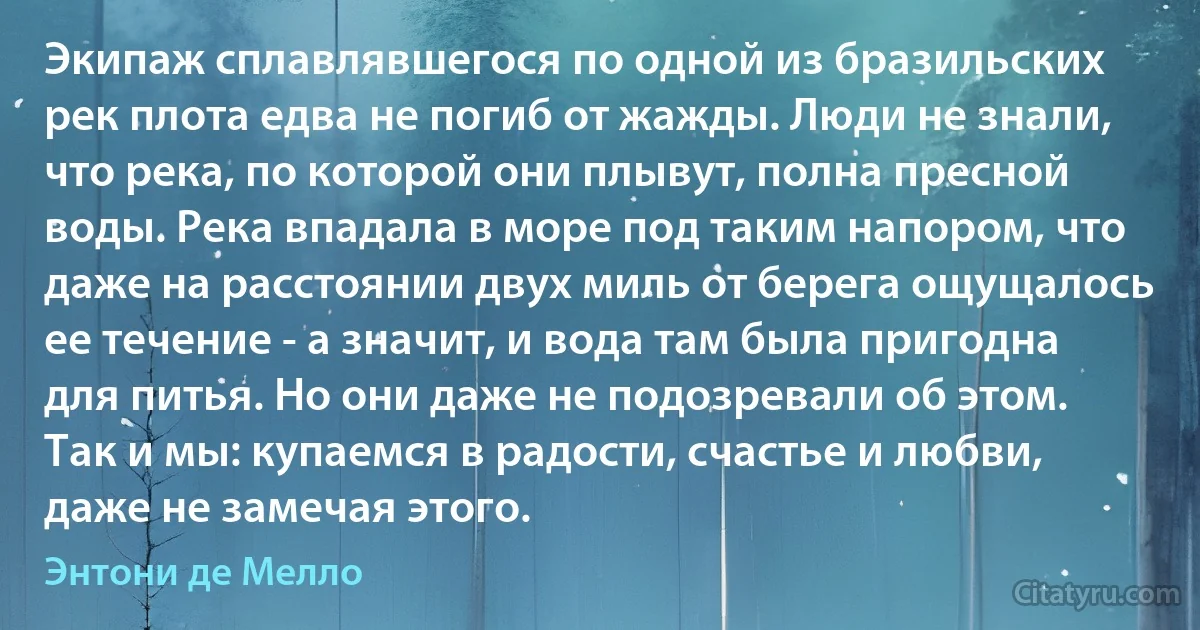 Экипаж сплавлявшегося по одной из бразильских рек плота едва не погиб от жажды. Люди не знали, что река, по которой они плывут, полна пресной воды. Река впадала в море под таким напором, что даже на расстоянии двух миль от берега ощущалось ее течение - а значит, и вода там была пригодна для питья. Но они даже не подозревали об этом. Так и мы: купаемся в радости, счастье и любви, даже не замечая этого. (Энтони де Мелло)