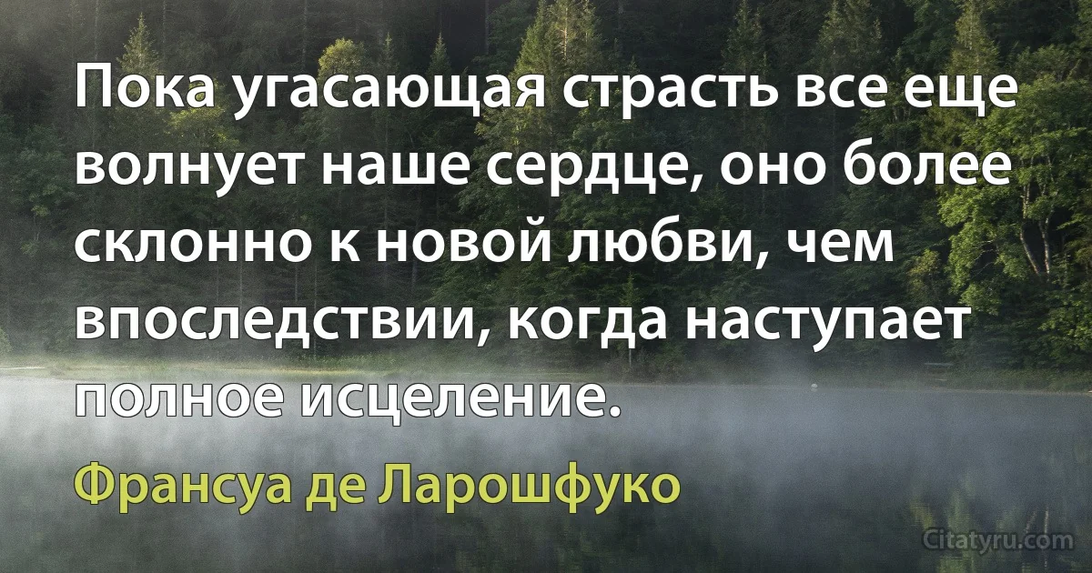 Пока угасающая страсть все еще волнует наше сердце, оно более склонно к новой любви, чем впоследствии, когда наступает полное исцеление. (Франсуа де Ларошфуко)