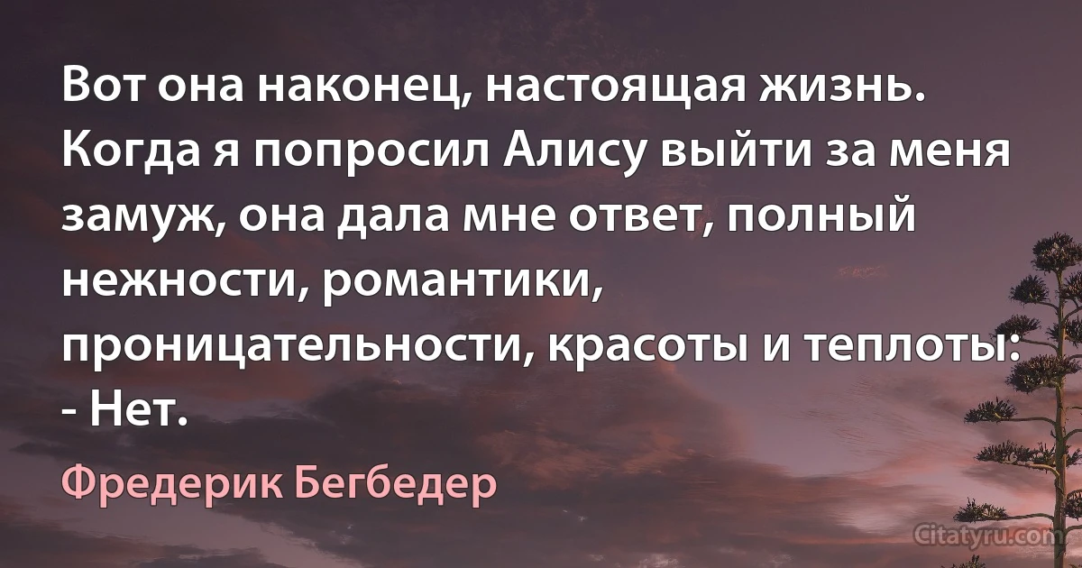 Вот она наконец, настоящая жизнь. Когда я попросил Алису выйти за меня замуж, она дала мне ответ, полный нежности, романтики, проницательности, красоты и теплоты:
- Нет. (Фредерик Бегбедер)