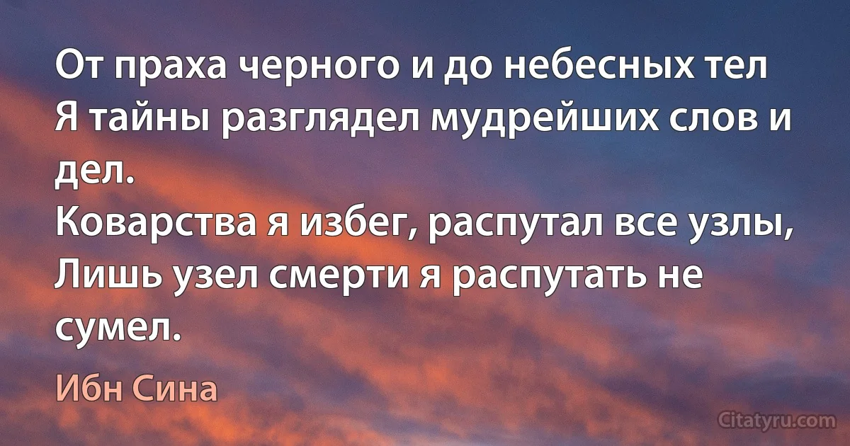 От праха черного и до небесных тел
Я тайны разглядел мудрейших слов и дел.
Коварства я избег, распутал все узлы,
Лишь узел смерти я распутать не сумел. (Ибн Сина)