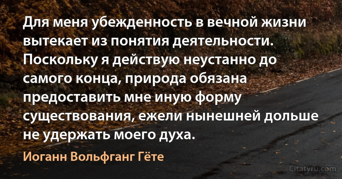 Для меня убежденность в вечной жизни вытекает из понятия деятельности. Поскольку я действую неустанно до самого конца, природа обязана предоставить мне иную форму существования, ежели нынешней дольше не удержать моего духа. (Иоганн Вольфганг Гёте)