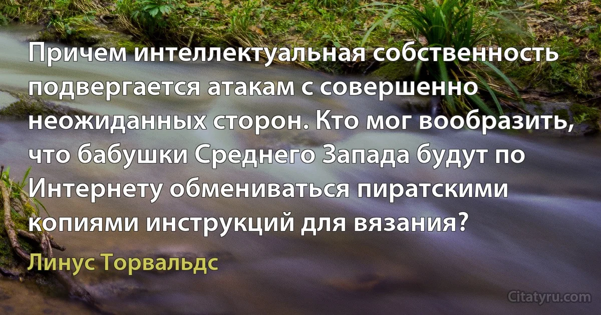 Причем интеллектуальная собственность подвергается атакам с совершенно неожиданных сторон. Кто мог вообразить, что бабушки Среднего Запада будут по Интернету обмениваться пиратскими копиями инструкций для вязания? (Линус Торвальдс)