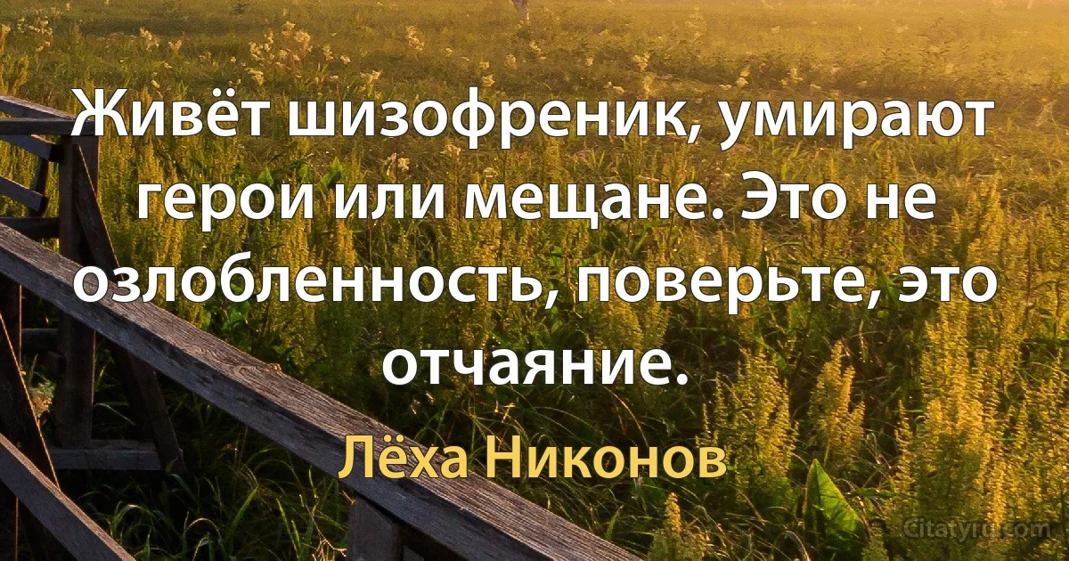 Живёт шизофреник, умирают герои или мещане. Это не озлобленность, поверьте, это отчаяние. (Лёха Никонов)