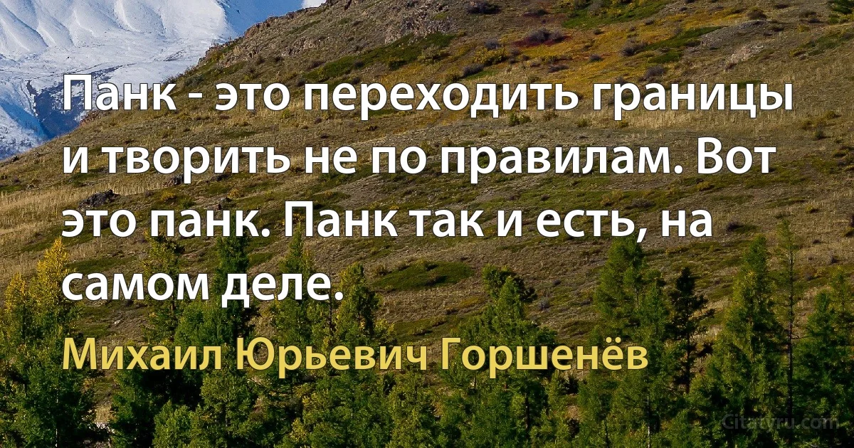 Панк - это переходить границы и творить не по правилам. Вот это панк. Панк так и есть, на самом деле. (Михаил Юрьевич Горшенёв)