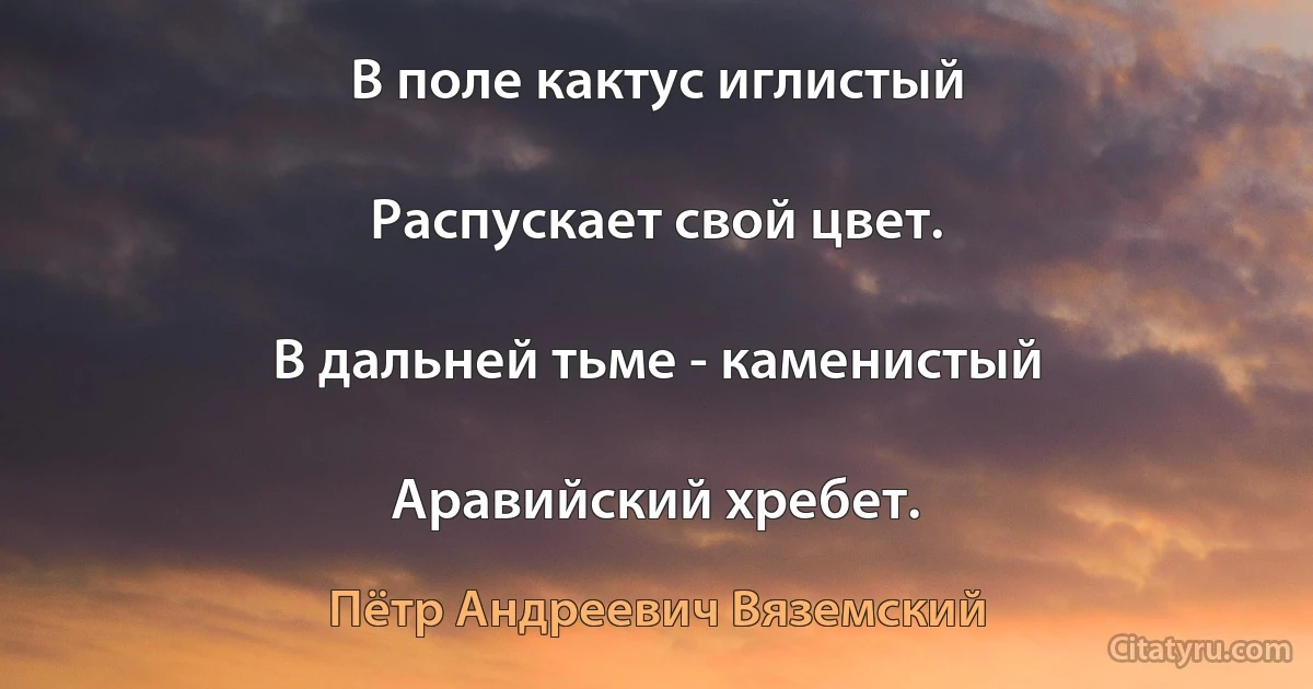 В поле кактус иглистый

Распускает свой цвет.

В дальней тьме - каменистый

Аравийский хребет. (Пётр Андреевич Вяземский)