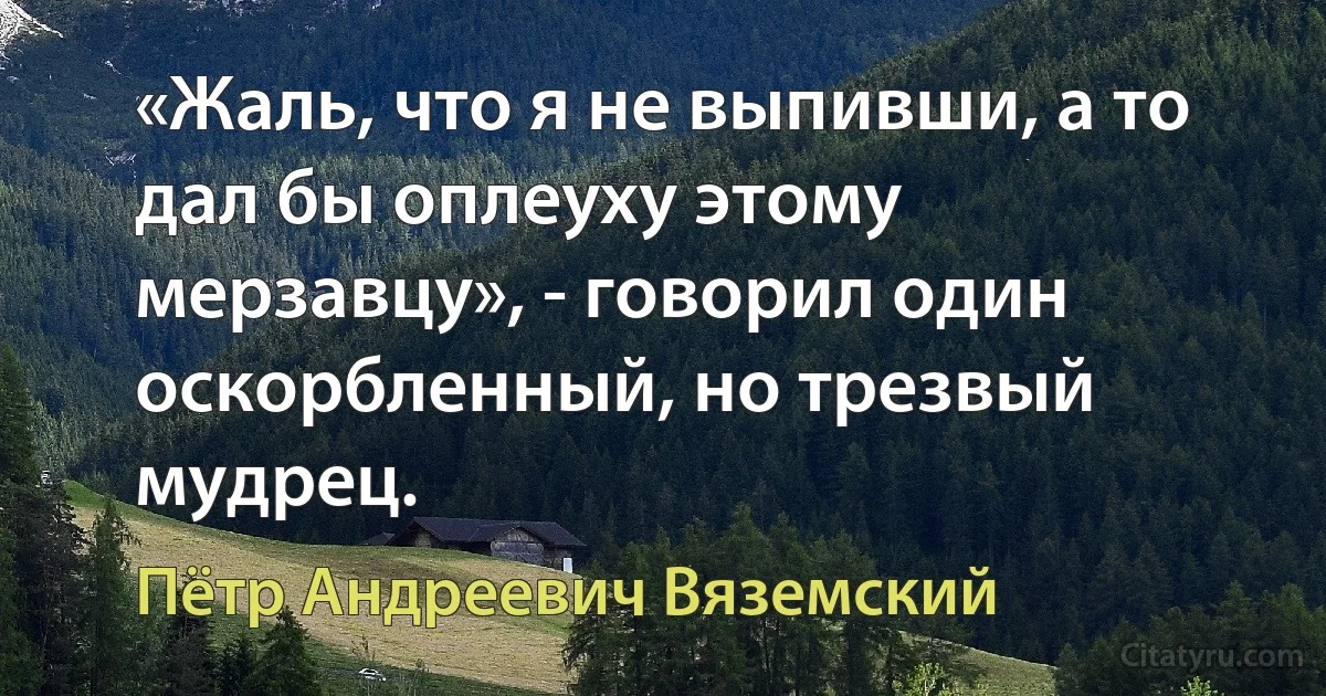 «Жаль, что я не выпивши, а то дал бы оплеуху этому мерзавцу», - говорил один оскорбленный, но трезвый мудрец. (Пётр Андреевич Вяземский)