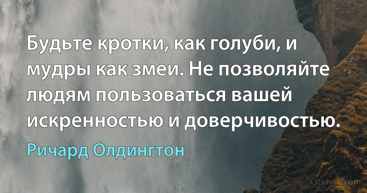 Будьте кротки, как голуби, и мудры как змеи. Не позволяйте людям пользоваться вашей искренностью и доверчивостью. (Ричард Олдингтон)