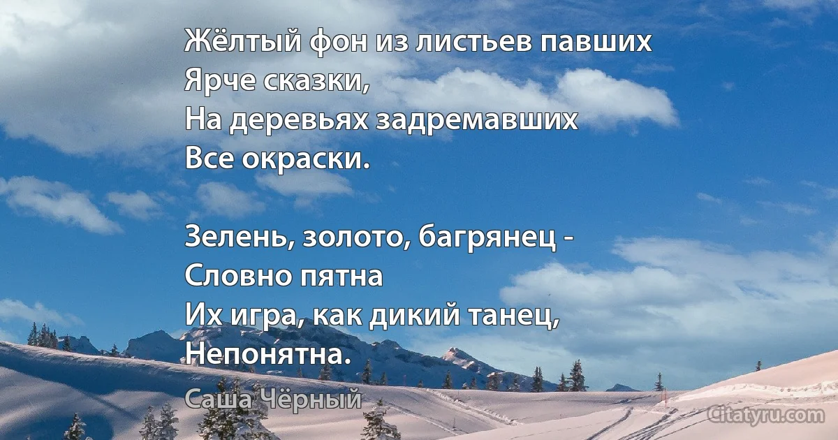 Жёлтый фон из листьев павших
Ярче сказки,
На деревьях задремавших
Все окраски.

Зелень, золото, багрянец -
Словно пятна 
Их игра, как дикий танец,
Непонятна. (Саша Чёрный)