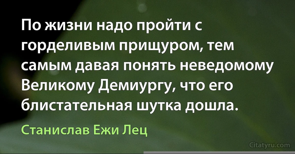 По жизни надо пройти с горделивым прищуром, тем самым давая понять неведомому Великому Демиургу, что его блистательная шутка дошла. (Станислав Ежи Лец)