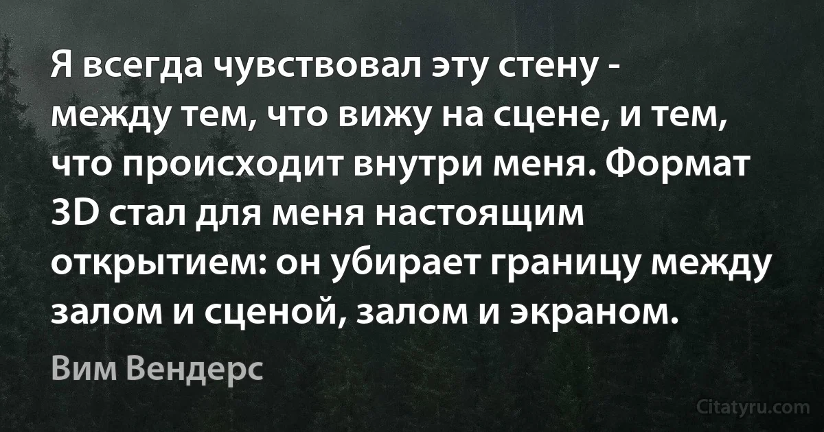 Я всегда чувствовал эту стену - между тем, что вижу на сцене, и тем, что происходит внутри меня. Формат 3D стал для меня настоящим открытием: он убирает границу между залом и сценой, залом и экраном. (Вим Вендерс)