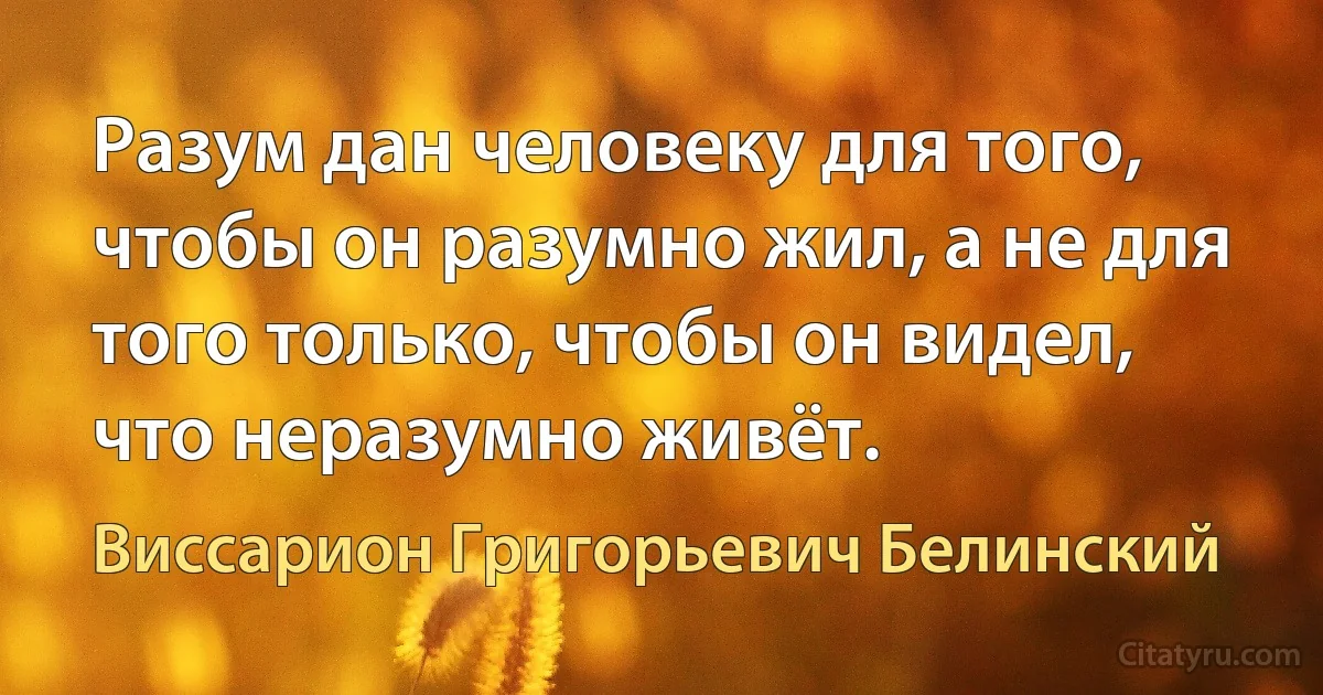 Разум дан человеку для того, чтобы он разумно жил, а не для того только, чтобы он видел, что неразумно живёт. (Виссарион Григорьевич Белинский)