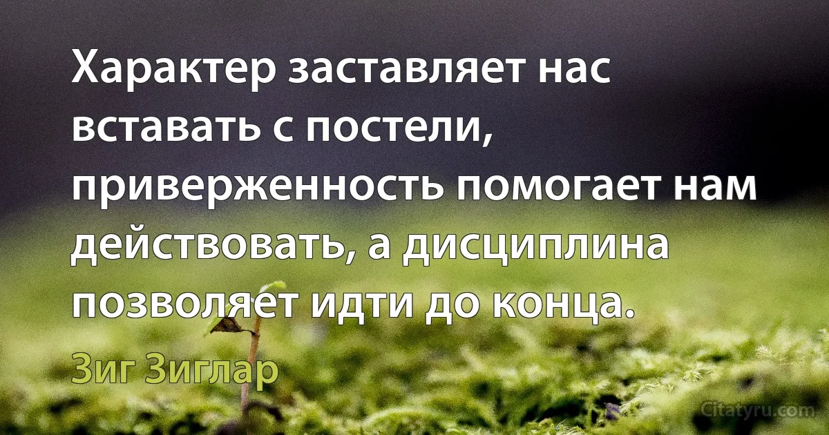 Характер заставляет нас вставать с постели, приверженность помогает нам действовать, а дисциплина позволяет идти до конца. (Зиг Зиглар)