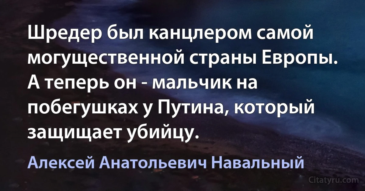 Шредер был канцлером самой могущественной страны Европы. А теперь он - мальчик на побегушках у Путина, который защищает убийцу. (Алексей Анатольевич Навальный)