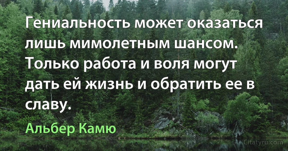 Гениальность может оказаться лишь мимолетным шансом. Только работа и воля могут дать ей жизнь и обратить ее в славу. (Альбер Камю)