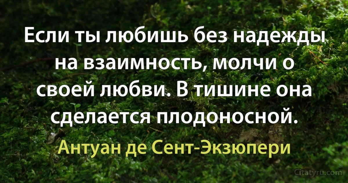 Если ты любишь без надежды на взаимность, молчи о своей любви. В тишине она сделается плодоносной. (Антуан де Сент-Экзюпери)