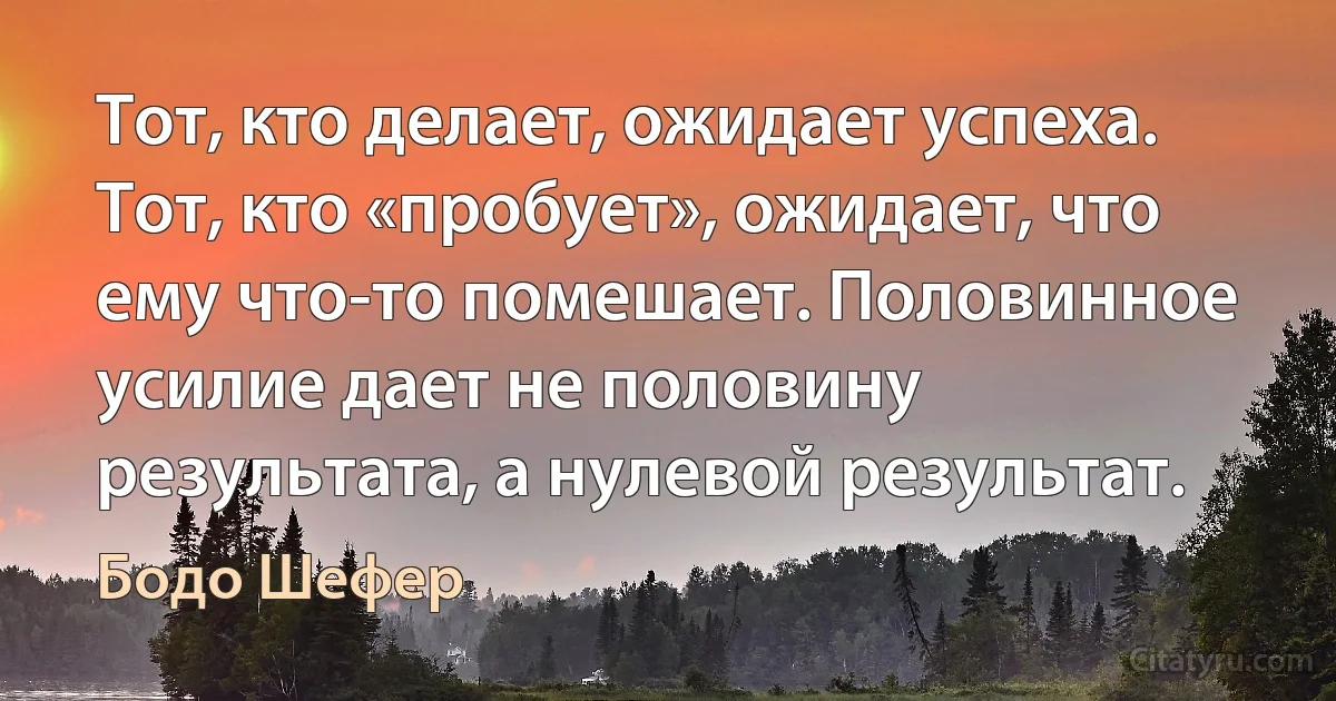 Тот, кто делает, ожидает успеха. Тот, кто «пробует», ожидает, что ему что-то помешает. Половинное усилие дает не половину результата, а нулевой результат. (Бодо Шефер)