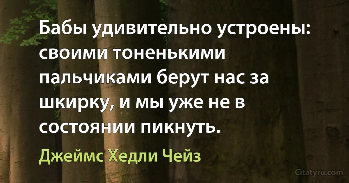 Бабы удивительно устроены: своими тоненькими пальчиками берут нас за шкирку, и мы уже не в состоянии пикнуть. (Джеймс Хедли Чейз)