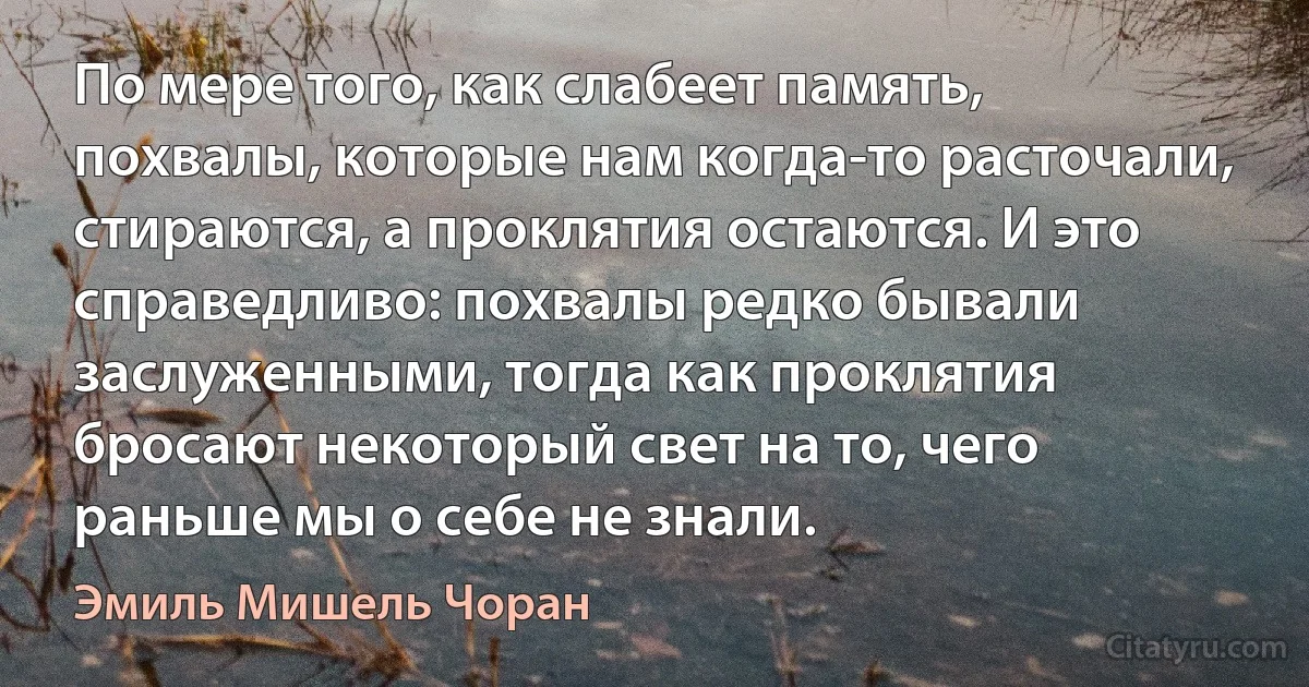 По мере того, как слабеет память, похвалы, которые нам когда-то расточали, стираются, а проклятия остаются. И это справедливо: похвалы редко бывали заслуженными, тогда как проклятия бросают некоторый свет на то, чего раньше мы о себе не знали. (Эмиль Мишель Чоран)