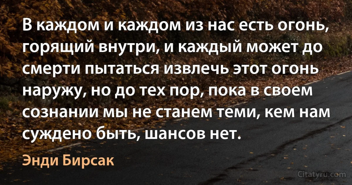 В каждом и каждом из нас есть огонь, горящий внутри, и каждый может до смерти пытаться извлечь этот огонь наружу, но до тех пор, пока в своем сознании мы не станем теми, кем нам суждено быть, шансов нет. (Энди Бирсак)