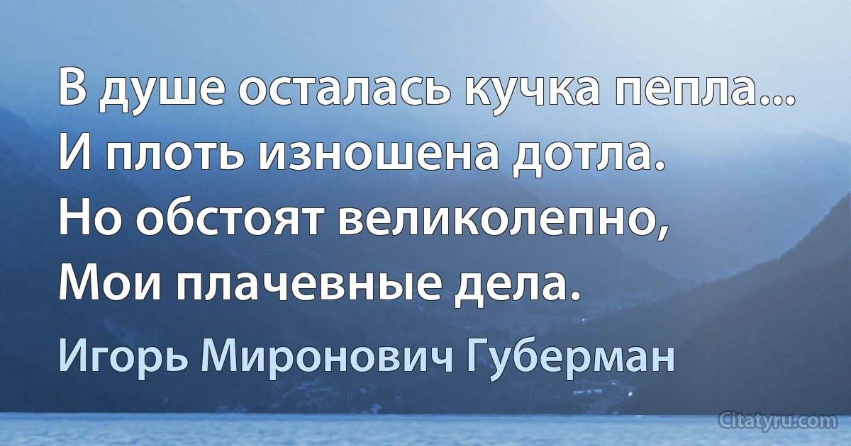 В душе осталась кучка пепла...
И плоть изношена дотла.
Но обстоят великолепно,
Мои плачевные дела. (Игорь Миронович Губерман)