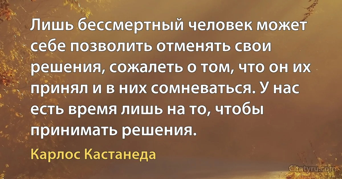 Лишь бессмертный человек может себе позволить отменять свои решения, сожалеть о том, что он их принял и в них сомневаться. У нас есть время лишь на то, чтобы принимать решения. (Карлос Кастанеда)