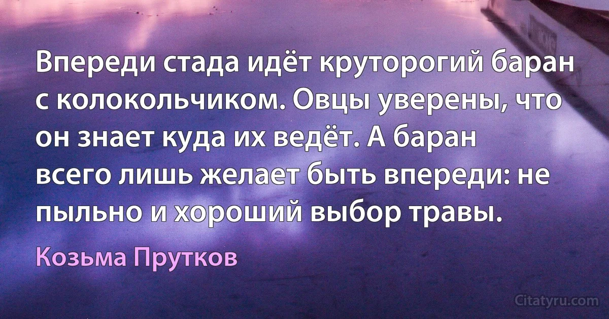 Впереди стада идёт круторогий баран с колокольчиком. Овцы уверены, что он знает куда их ведёт. А баран всего лишь желает быть впереди: не пыльно и хороший выбор травы. (Козьма Прутков)