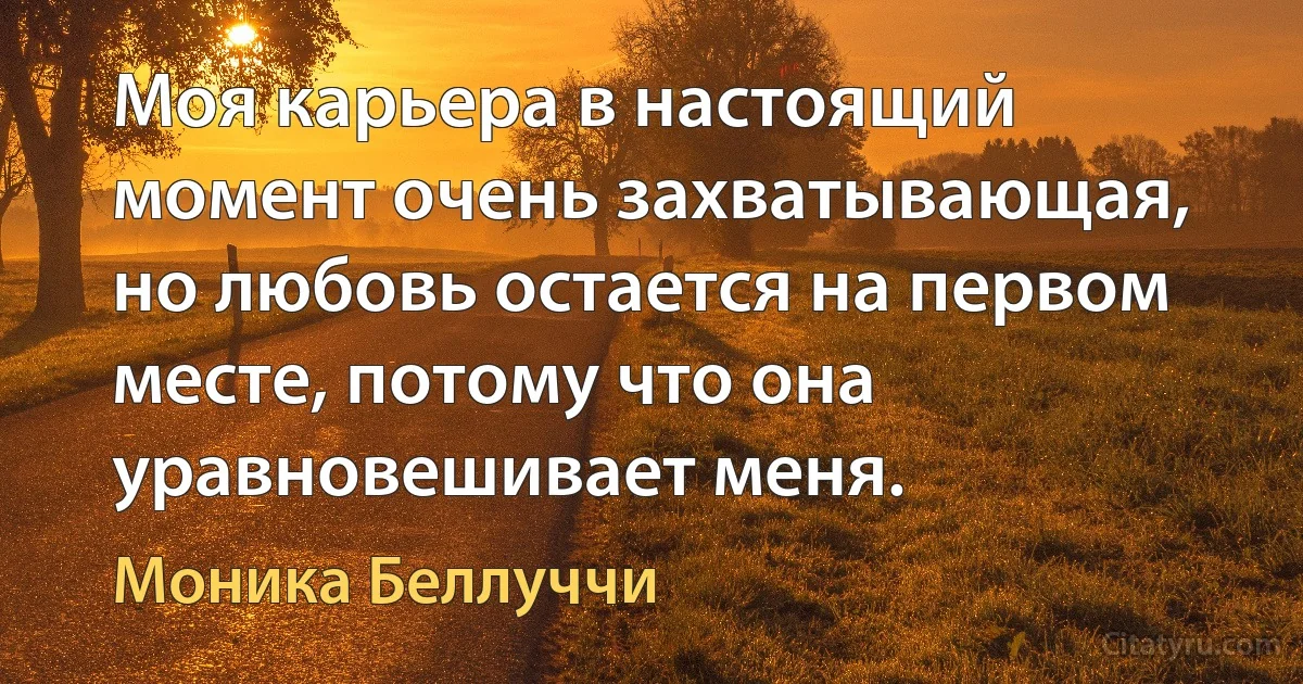 Моя карьера в настоящий момент очень захватывающая, но любовь остается на первом месте, потому что она уравновешивает меня. (Моника Беллуччи)