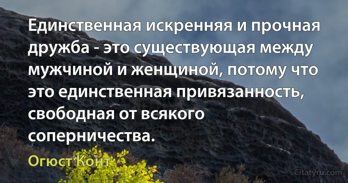 Единственная искренняя и прочная дружба - это существующая между мужчиной и женщиной, потому что это единственная привязанность, свободная от всякого соперничества. (Огюст Конт)