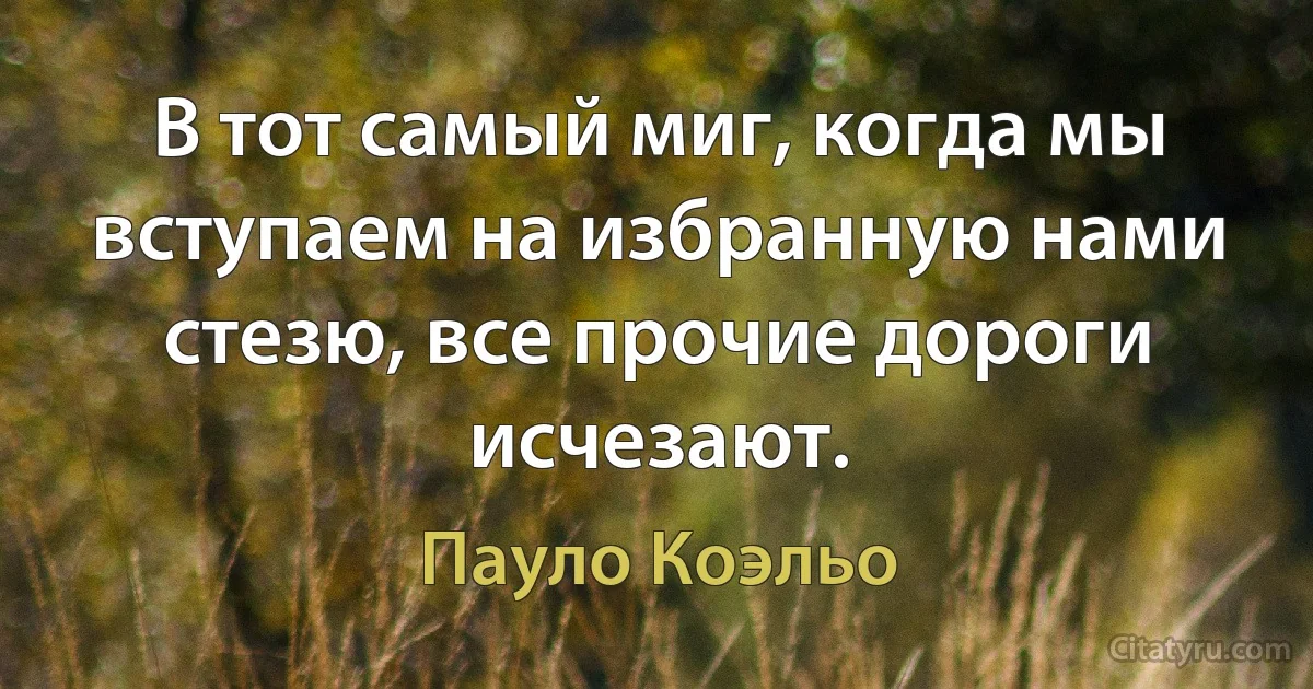 В тот самый миг, когда мы вступаем на избранную нами стезю, все прочие дороги исчезают. (Пауло Коэльо)