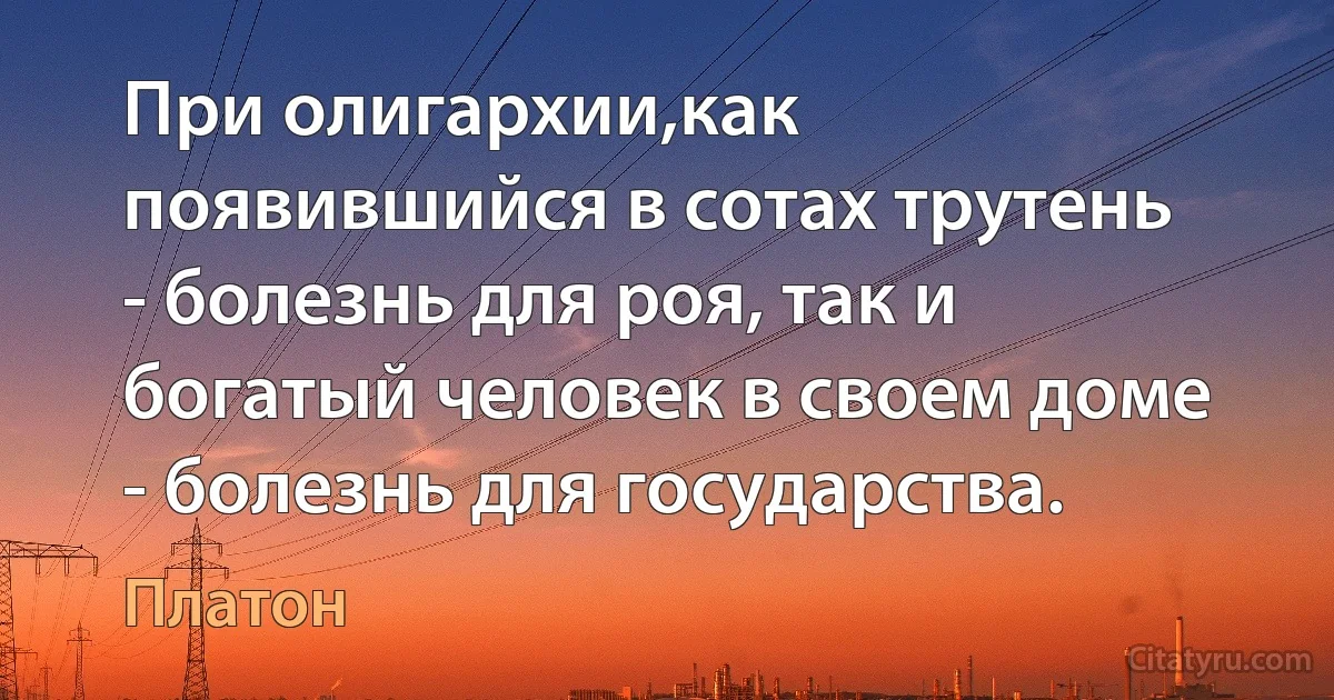 При олигархии,как появившийся в сотах трутень - болезнь для роя, так и богатый человек в своем доме - болезнь для государства. (Платон)