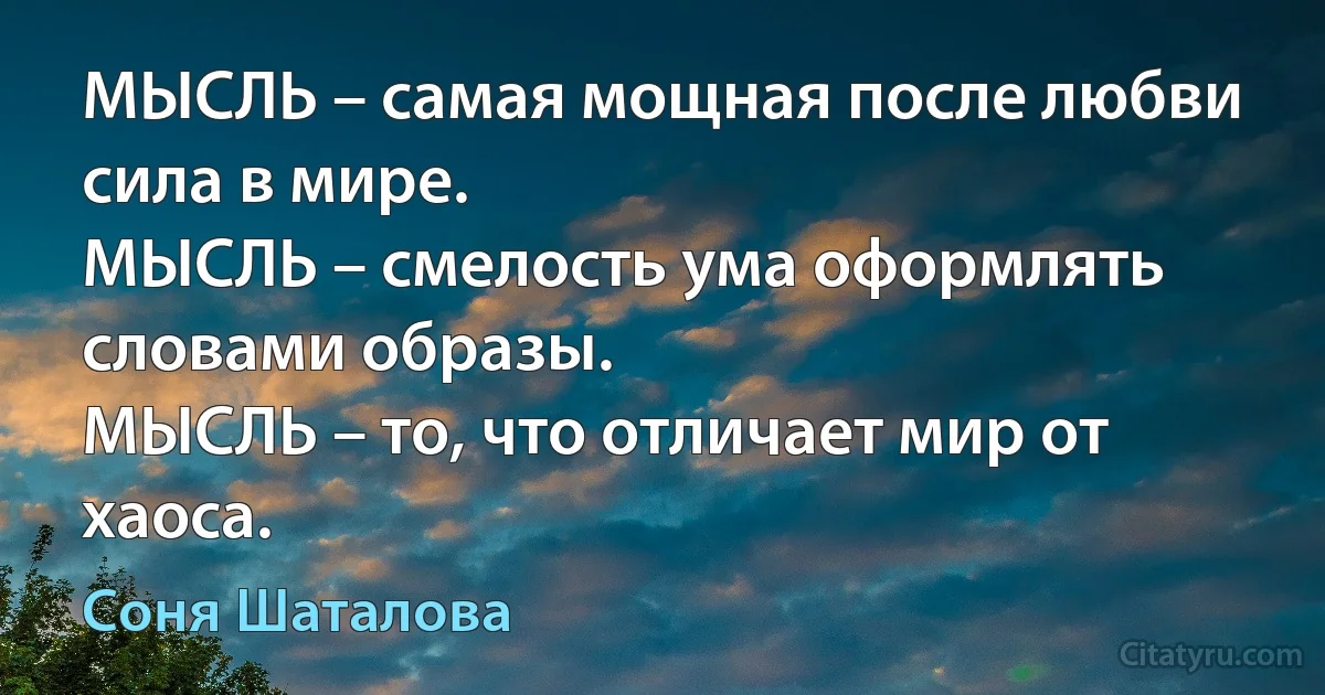 МЫСЛЬ – самая мощная после любви сила в мире.
МЫСЛЬ – смелость ума оформлять словами образы.
МЫСЛЬ – то, что отличает мир от хаоса. (Соня Шаталова)