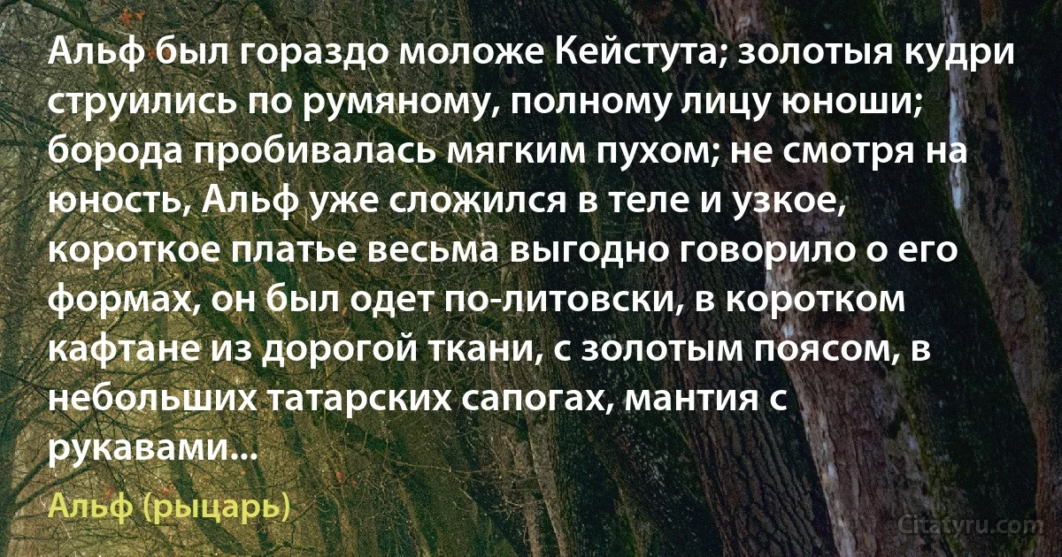 Альф был гораздо моложе Кейстута; золотыя кудри струились по румяному, полному лицу юноши; борода пробивалась мягким пухом; не смотря на юность, Альф уже сложился в теле и узкое, короткое платье весьма выгодно говорило о его формах, он был одет по-литовски, в коротком кафтане из дорогой ткани, с золотым поясом, в небольших татарских сапогах, мантия с рукавами... (Альф (рыцарь))