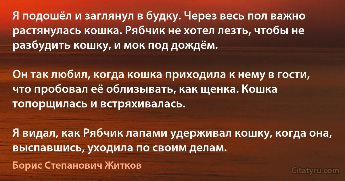 Я подошёл и заглянул в будку. Через весь пол важно растянулась кошка. Рябчик не хотел лезть, чтобы не разбудить кошку, и мок под дождём.

Он так любил, когда кошка приходила к нему в гости, что пробовал её облизывать, как щенка. Кошка топорщилась и встряхивалась.

Я видал, как Рябчик лапами удерживал кошку, когда она, выспавшись, уходила по своим делам. (Борис Степанович Житков)