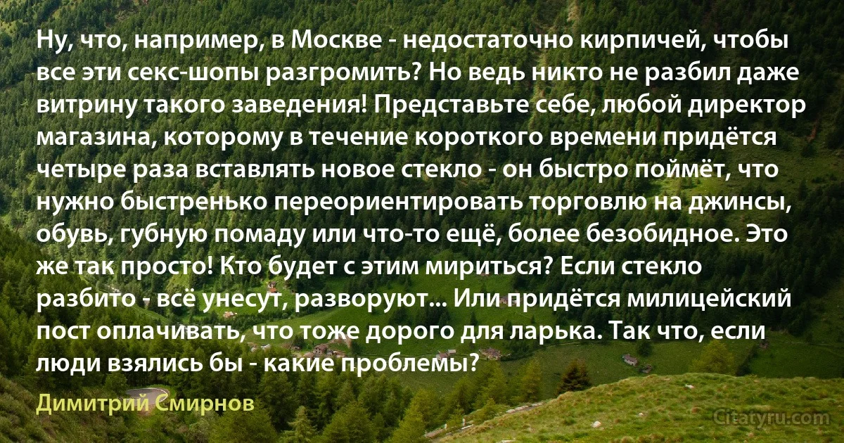 Ну, что, например, в Москве - недостаточно кирпичей, чтобы все эти секс-шопы разгромить? Но ведь никто не разбил даже витрину такого заведения! Представьте себе, любой директор магазина, которому в течение короткого времени придётся четыре раза вставлять новое стекло - он быстро поймёт, что нужно быстренько переориентировать торговлю на джинсы, обувь, губную помаду или что-то ещё, более безобидное. Это же так просто! Кто будет с этим мириться? Если стекло разбито - всё унесут, разворуют... Или придётся милицейский пост оплачивать, что тоже дорого для ларька. Так что, если люди взялись бы - какие проблемы? (Димитрий Смирнов)