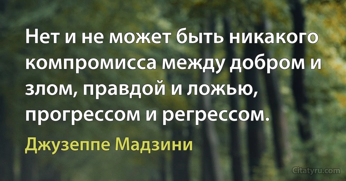 Нет и не может быть никакого компромисса между добром и злом, правдой и ложью, прогрессом и регрессом. (Джузеппе Мадзини)