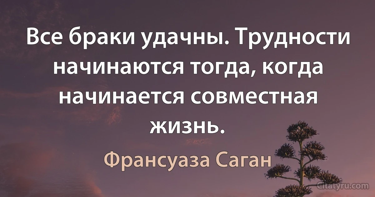 Все браки удачны. Трудности начинаются тогда, когда начинается совместная жизнь. (Франсуаза Саган)