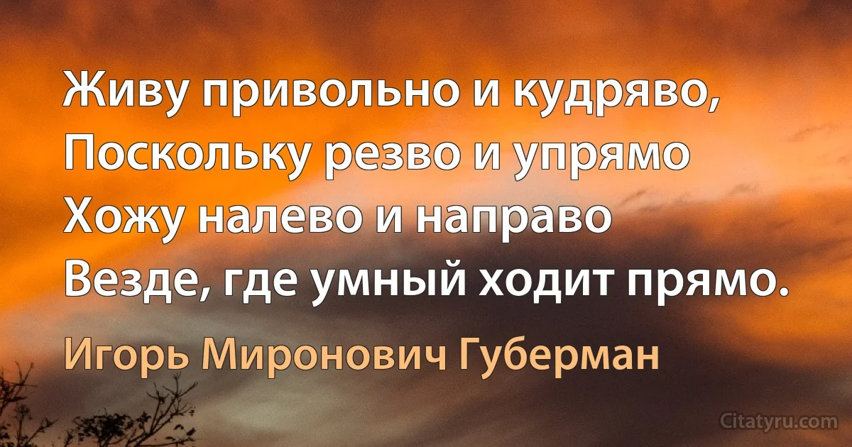 Живу привольно и кудряво,
Поскольку резво и упрямо
Хожу налево и направо
Везде, где умный ходит прямо. (Игорь Миронович Губерман)