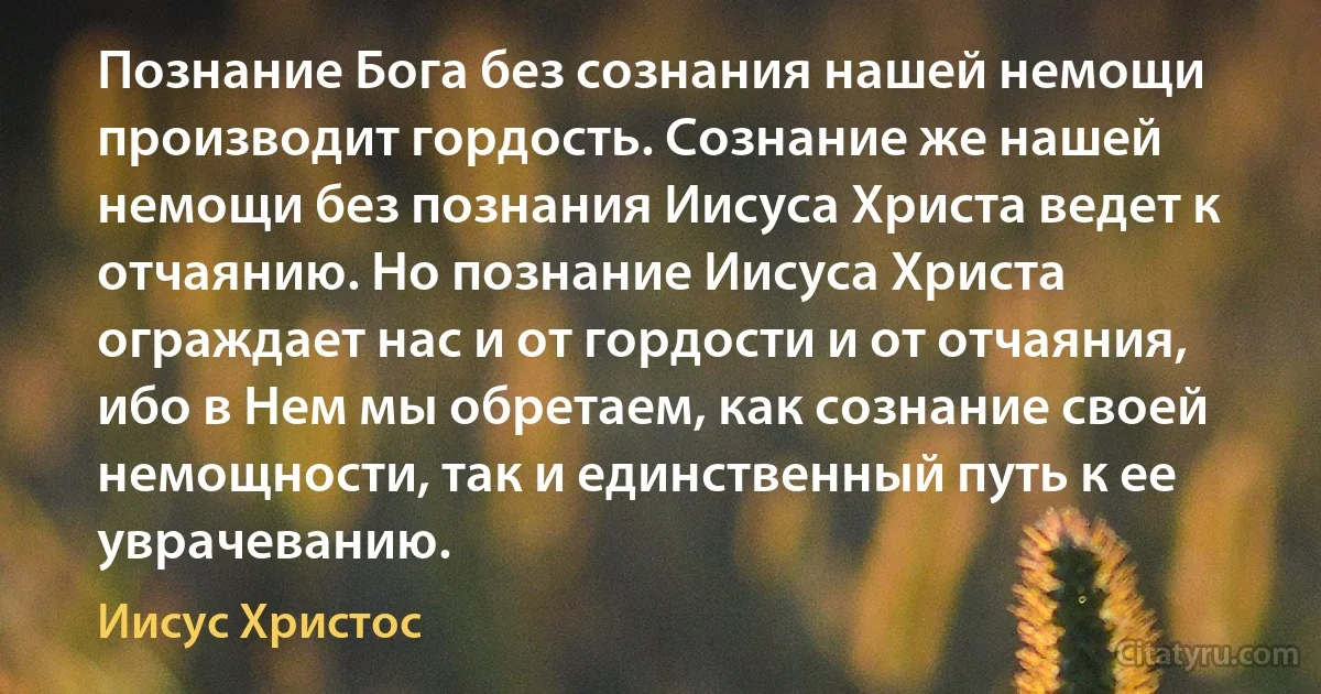 Познание Бога без сознания нашей немощи производит гордость. Сознание же нашей немощи без познания Иисуса Христа ведет к отчаянию. Но познание Иисуса Христа ограждает нас и от гордости и от отчаяния, ибо в Нем мы обретаем, как сознание своей немощности, так и единственный путь к ее уврачеванию. (Иисус Христос)