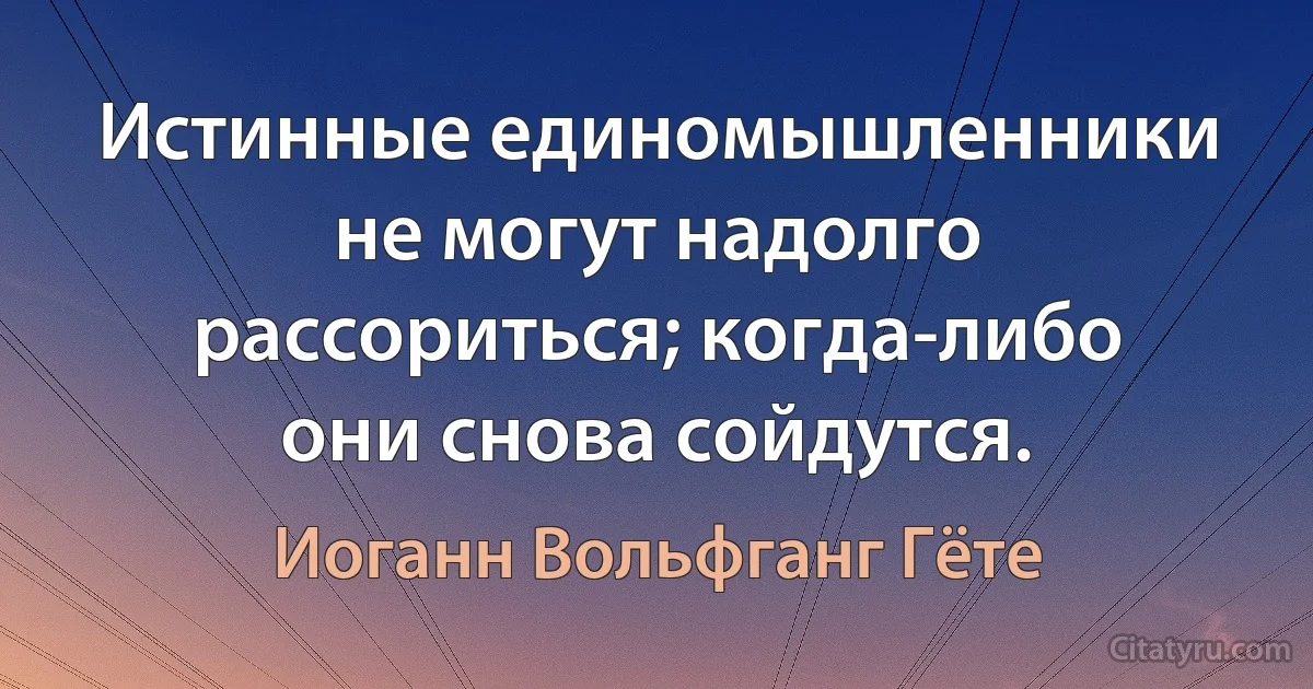 Истинные единомышленники не могут надолго рассориться; когда-либо они снова сойдутся. (Иоганн Вольфганг Гёте)