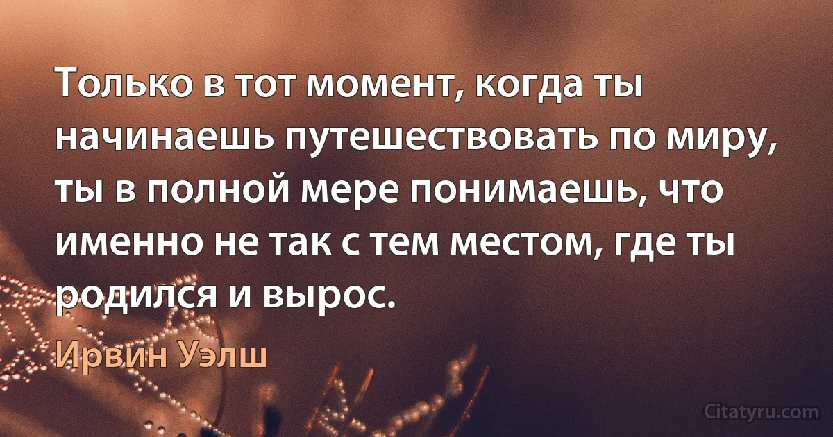 Только в тот момент, когда ты начинаешь путешествовать по миру, ты в полной мере понимаешь, что именно не так с тем местом, где ты родился и вырос. (Ирвин Уэлш)